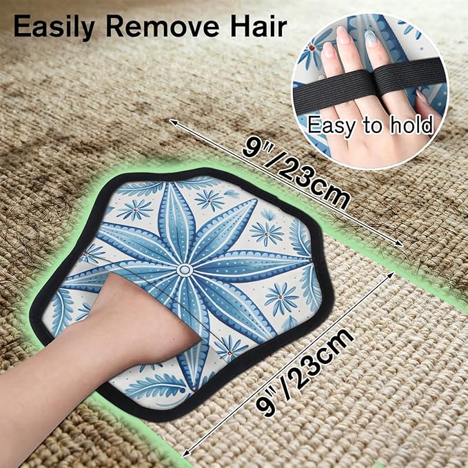 Reusable Pet Hair Removal Glove Blue Flowers Style Magic Brush for Cat & Dog Hair Remover for Car, Sofa, Bedding, Clothes - 9x9 Mitt Washable