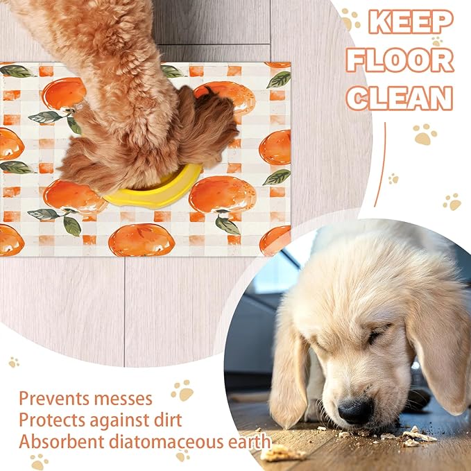 Orange Dog Food Mat for Floors Absorbent Dog Bowl Mat for Food and Water Dispenser Quick Dry Cat Food Placemat Pet Supplies 17" x 30", Buffalo Check Plaid