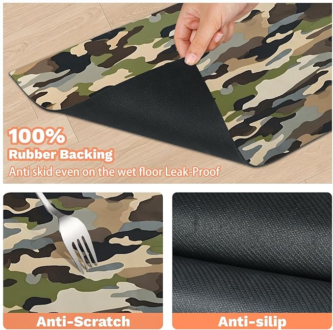 Green Camouflage Dog Food Mat for Floors Absorbent Dog Bowl Mat for Food and Water Dispenser Quick Dry Cat Food Placemat Pet Supplies 24" x 32", Woodland Camo