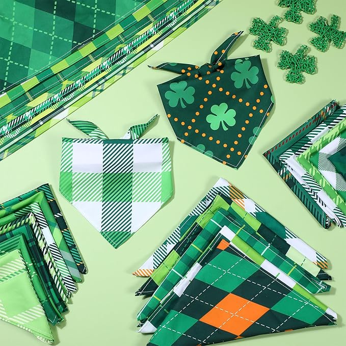 Kacctyen 300 Pcs St. Patrick's Day Plaid Dog Bandanas Bulk Dog Adjustable Cute Washable Triangle Kerchief Scarf Bibs for Small to Medium Pet Seasonal Party Costume Accessories