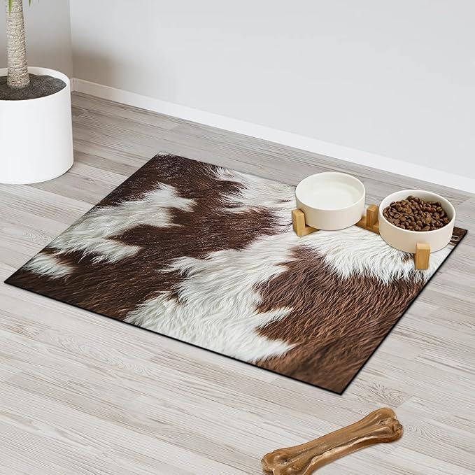 Cow Print Dog Food Mat for Floors Absorbent Dog Bowl Mat for Food and Water Dispenser Quick Dry Cat Food Placemat Pet Supplies 12" x 20", Brown Skin