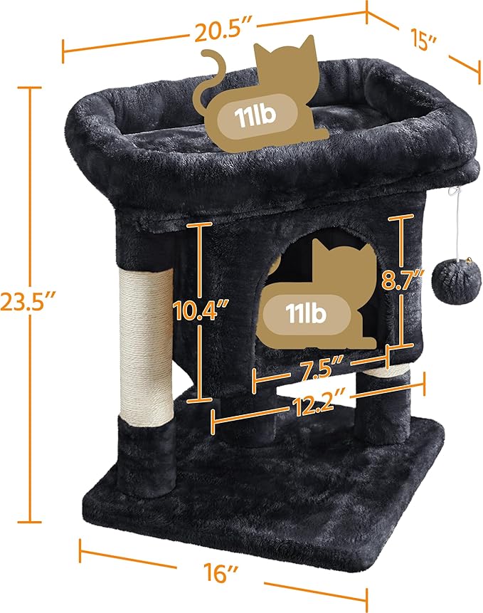 Yaheetech Cat Scratching Posts with Bed, 23.5 Inches Cat Kitten Scratcher Featuring with Sisal Scratch Posts, Interactive Dangling Ball for Indoor Large Cats, Black
