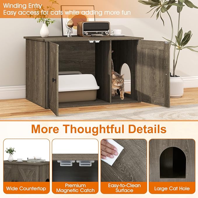 Tangkula Cat Litter Box Enclosure, Hidden Cat Washroom Cabinet with Double Doors, Divider, Side Entry, Indoor Wooden Cat House End Table, Enclosed Litter Box Furniture (Oak)