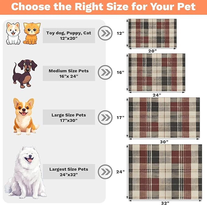 Buffalo Check Dog Food Mat for Floors Absorbent, Quick Dry Water Dispenser Mat for Food, Water, Pet Supplies 12" x 20", Buffalo Check