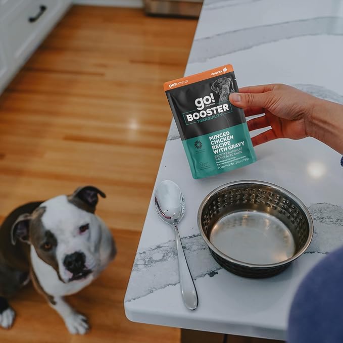 Go! Solutions Tranquility Minced Chicken with Gravy Topper for Dry Food with Broth, Healthy Wet Dog Treat to Support a Happy Mood, for Puppies, Adults, & Seniors, 2.8 oz Pouch (12 Pack)