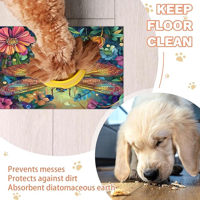 Dragonfly Dog Food Mat for Floors Absorbent, Quick Dry Water Dispenser Mat for Food, Water, Pet Supplies 17" x 30", Wildflower