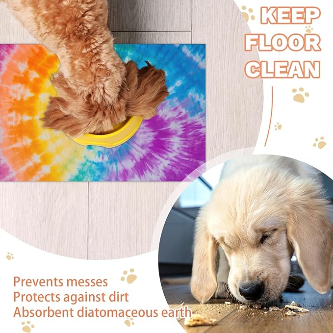 Tie Dye Dog Food Mat for Floors Absorbent, Quick Dry Water Dispenser Mat for Food, Water, Pet Supplies 24" x 32", Colorful Geometric