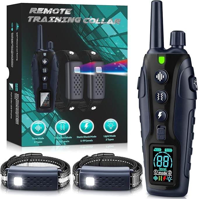 Dog Shock Collar 2 Dogs(15-150lbs) with Flashing Light for Night Walks,4000FT Dog Training Collar Adjustable Pitch Beep(1-8), Vibration(1-16), Safe Shock(1-99), and Keypad Lock