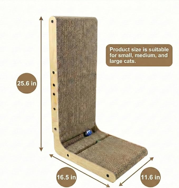 Cuddly Co L Shaped Cat Scratcher Cardboard - 26.8" Vertical Scratching Post for Indoor Cats, Wall Mounted Lounge Pad & Sofa Furniture Protector, Large High Density Recyclable Board with Ball Toy