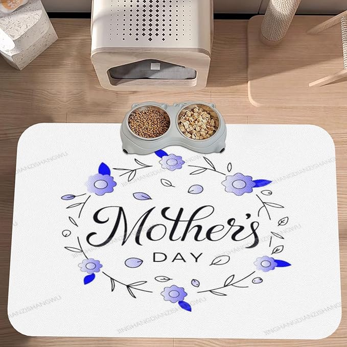 Dog Food Mat Happy Mother's Day Floral Gift for Mom Jb Absorbent Water Bowl Mats Cat Pet Feeding Placemats 24x16In