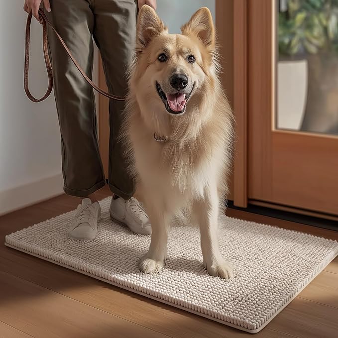 EHEYCIGA Super Absorbent Dog Door Mat for Muddy Paws 48x30 Inch Indoor, Front Doormat Outside Entrance, Quick Dry Chenille Washable Dog Crate Bed, Non-Slip Pet Rug Mud Mat Outdoor Entryway, Beige