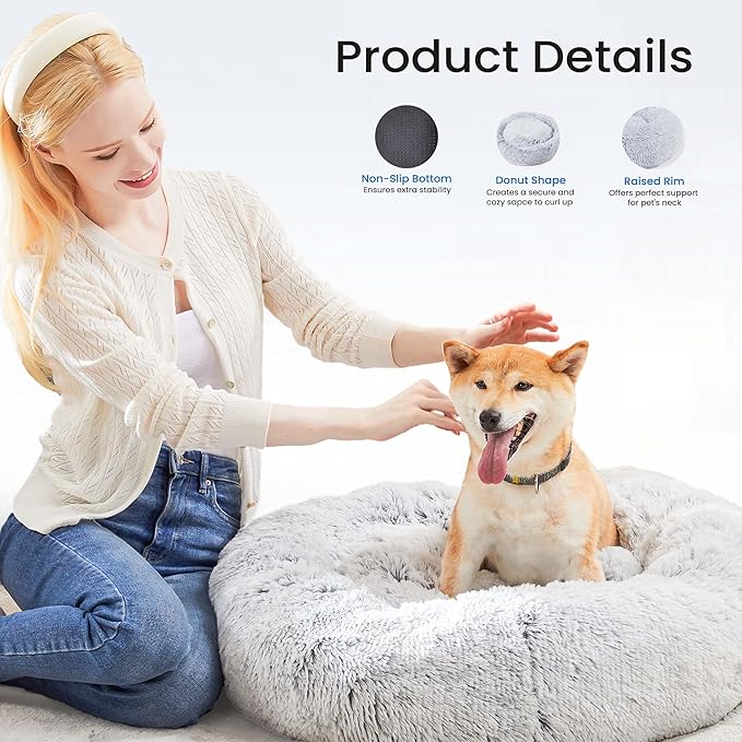 NEWBULIG 37.4x37.4 Inch Dog Bed Large Sized Dog, Donut Shape Cat Beds for Indoor Cats with Washable, Anti-Slip, Faux Fur