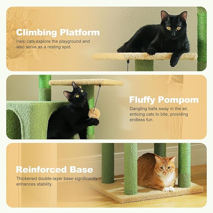 Cactus Cat Tree for Indoor Cats, 62" Multi-Level Cat Tower with 2 Spacious Condos, Scratching Pad, 4 Cat Scratching Posts, 2 Top Perches, 2 Pompoms, Green
