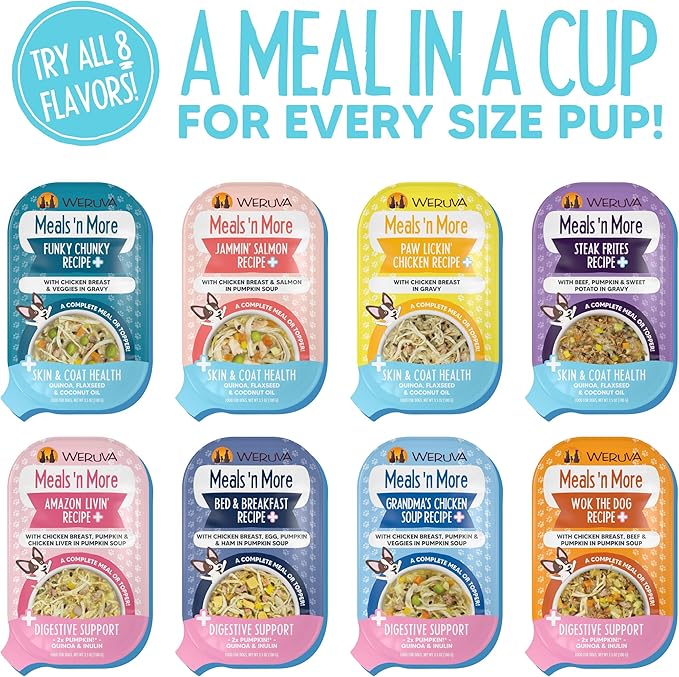 Weruva Meals 'n More Natural Wet Dog Food, Funky Chunky Plus Skin & Coat Health, 3.5oz Cup (Pack of 12)