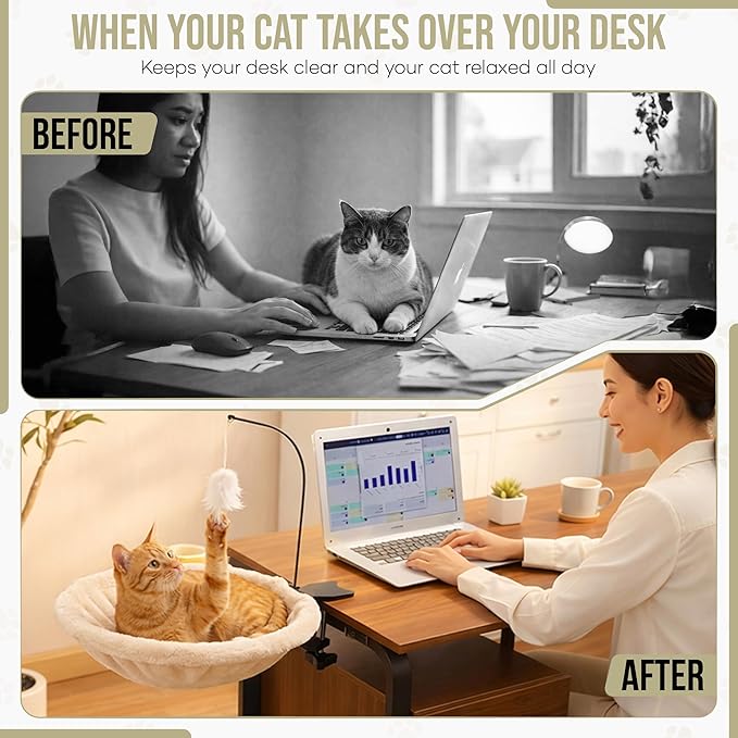 Cat Desk Bed for Home Office – Plush Clamp-On Cat Hammock with Hanging Feather and Ball Toy, Non-Slip Heavy-Duty Mount, Space-Saving Desk Mounted Cat Bed for Remote Workers Supports 40 lbs