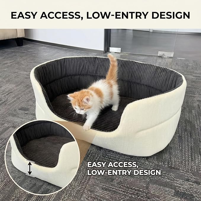 Medium Dog Bed Cat Bed 18x26 Inch, Calming Pet Bed for Small Dogs & Cats, Half-Enclosed Open-Top Velvet Anti-Anxiety Bed, Machine Washable Cozy Snuggle Bed (White)