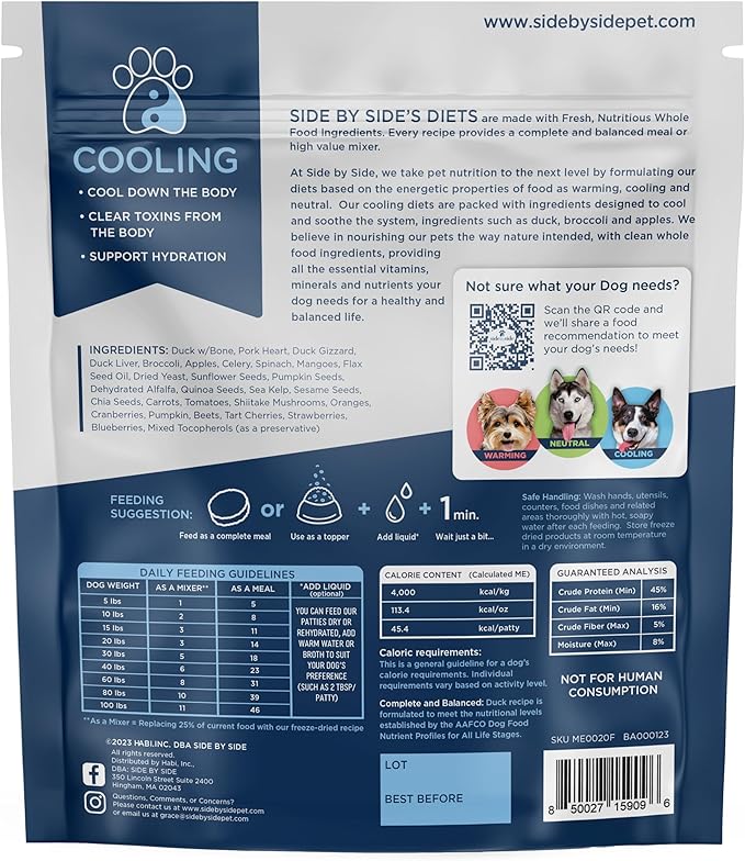 Side by Side Duck Patties - Cooling Freeze-Dried Dog Food & Dog Food Toppers for All Breeds - Made with Nutrients & Whole Raw Ingredients - No Artificial Additives or Fillers, USA Made (12 oz.)