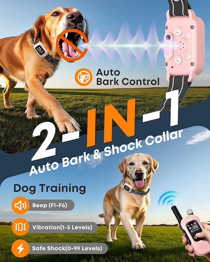 Delupet 2-in-1 Dog Bark & Training Collar – 4500FT Shock Collar with Remote Control, Automatic Anti-Barking E Collar with IPX8 Waterproof & LED Light for Small Medium Large Dog (Pink)