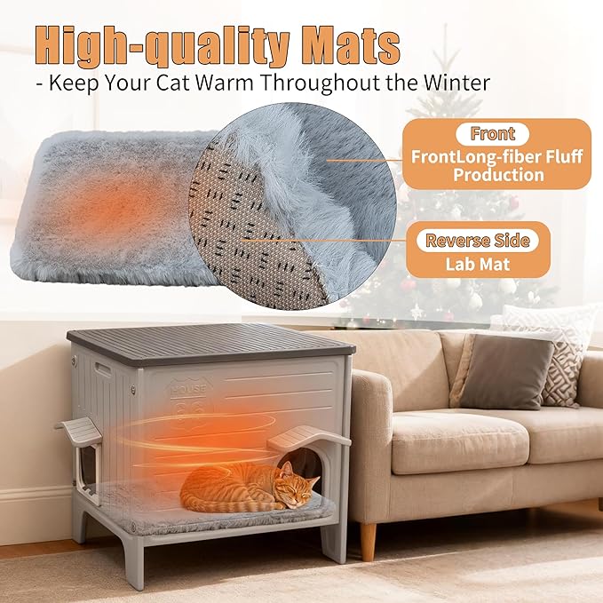 Cat House Outside with Soft Mat for Winter，Plastic Cat House Waterproof for Outdoor, Feral Cat Shelter with Escape Door, Easy to Assemble Easy to Clean