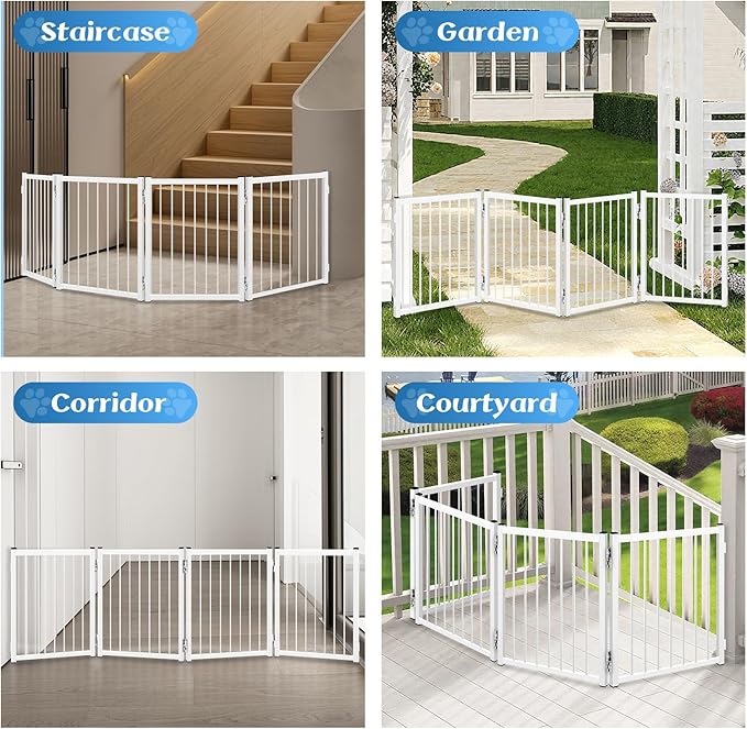 Freestanding Short Dog Gate, 16.5" Tall Small Pet Gate Easily Step Over, Metal Foldable Pet Gate, Up to 51" Wide Puppy Fence, Gate for Stairs and Doorways, Indoor, Outdoor Use, No Drill Pressure Mount