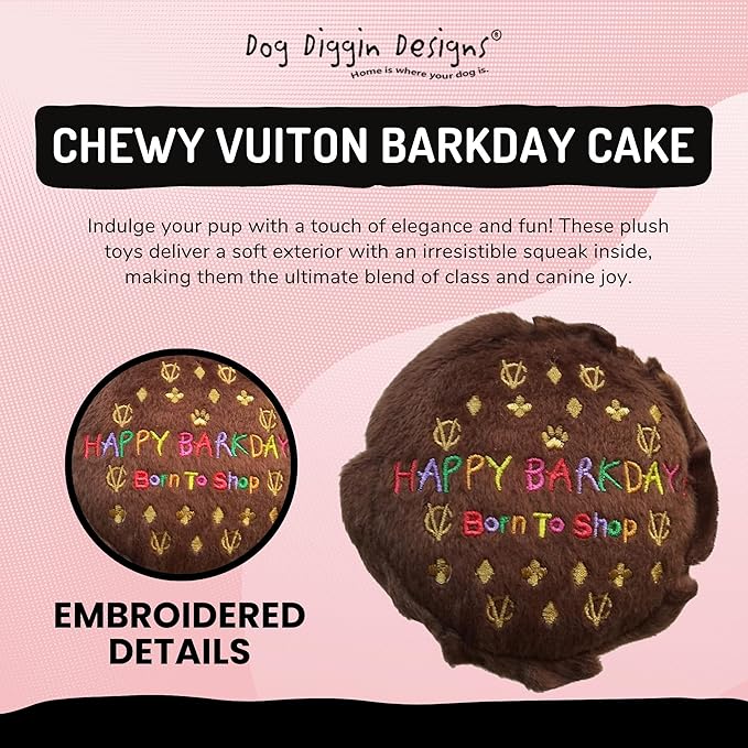 Dog Diggin Designs Chewy Vuiton Barkday Cake Plush Dog Toy | Luxury-Inspired Parody Designer Cake with Squeaker, Soft Plush Celebration Dog Toy – Prêt-à-Porter Play!