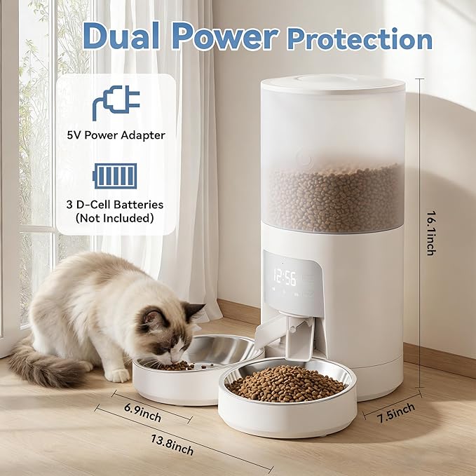 DUMOS Automatic Cat Feeder for 2 Cats, 6L Timed Cat Food Dispenser with 2 Stainless Bowls, 10s Voice Recorder, Dual Power Supply, 6 Meals 50 Portions Per Day, Dual Pet Feeder for Cat and Dog, White