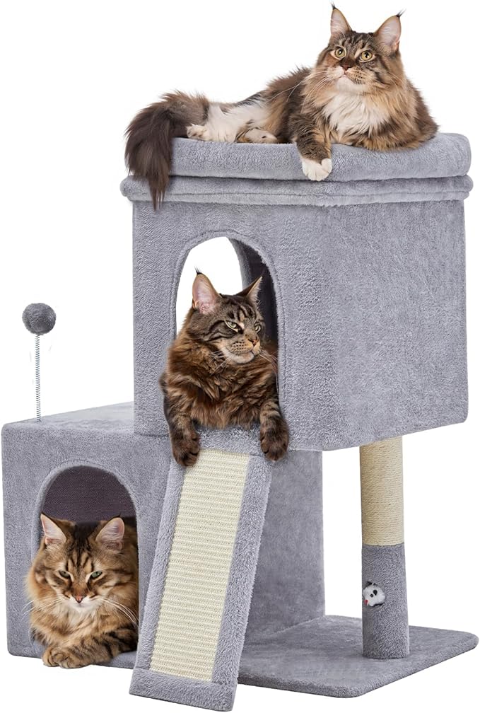 32inch Tall Cat Tree with 2 cat condo for Adult Cats Cozy Cat Tower with Scratching Post and Scrather Board for Cats of Different Ages.（Light Grey）