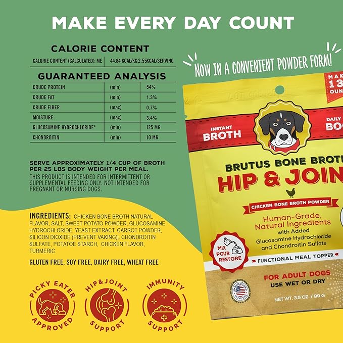 Brutus Broth Dog Food Topper - Instant Bone Broth Powder for Dogs - Supports Hip and Joint Function - Human-Grade Quality - Serve Dry or Wet - Chicken Flavor - 3.5 oz Pack (Makes 130 oz with Water)