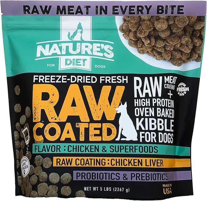 Nature's Diet Freeze-Dried Fresh Raw Coated Chicken, Bone Broth & Superfoods Kibble with Probiotics, Prebiotics & Freeze-Dried Chicken Liver