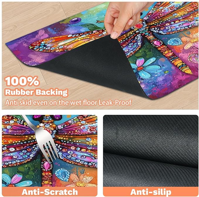 Watercolor Dragonfly Dog Food Mat for Floors Absorbent, Quick Dry Water Dispenser Mat for Food, Water, Pet Supplies 12" x 20", Floral