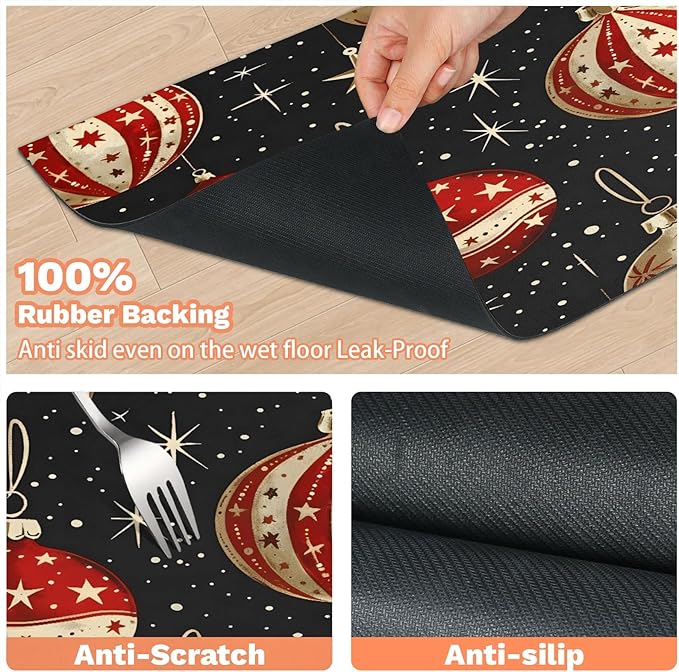 Xmas Balls Dog Food Mat for Floors Absorbent, Quick Dry Water Dispenser Mat for Food, Water, Pet Supplies 17" x 30", Christmas