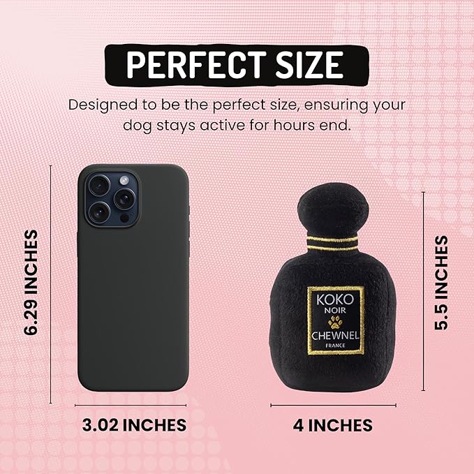 Dog Diggin Designs Chewnel Noir Pawfum Plush Dog Toy Bottle | Luxury-Inspired Parody Designer Perfume Bottle with Squeaker, Soft Plush Fashion Dog Toy – Prêt-à-Porter Play!