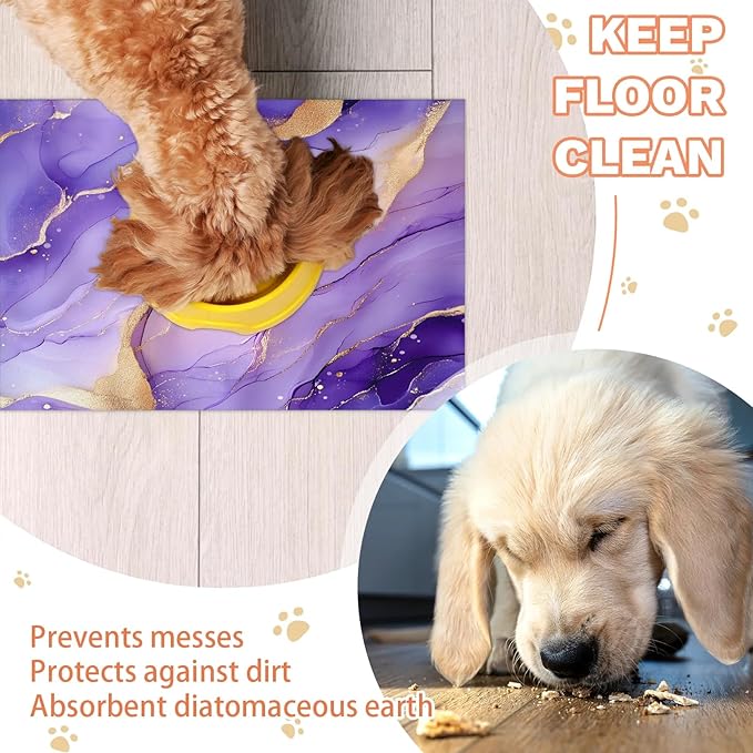 Purple Marble Dog Food Mat for Floors Absorbent, Quick Dry Water Dispenser Mat for Food, Water, Pet Supplies 24" x 32", Gold Purple Abstract