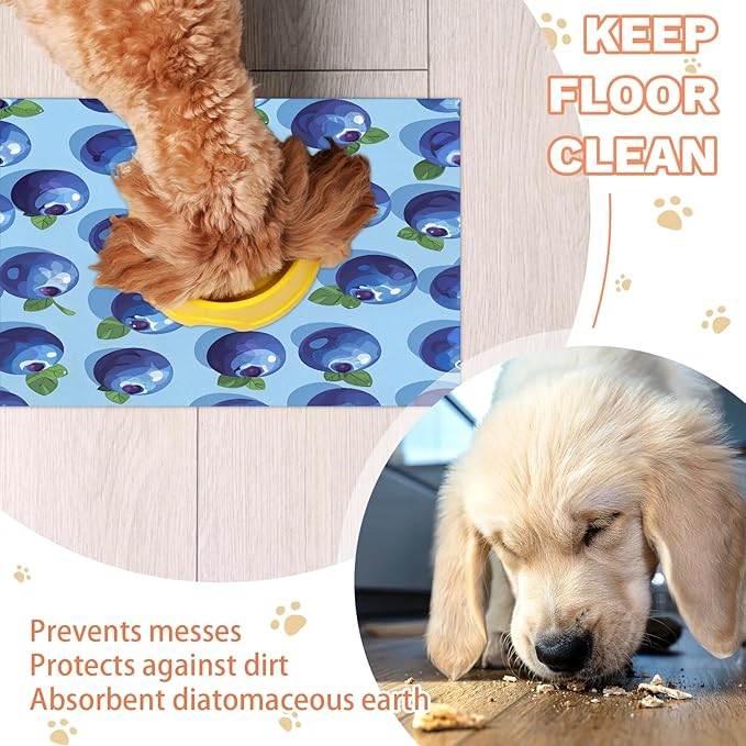 Blueberries Dog Food Mat for Floors Absorbent Dog Bowl Mat for Food and Water Dispenser Quick Dry Cat Food Placemat Pet Supplies 12" x 20", Blue Fruit