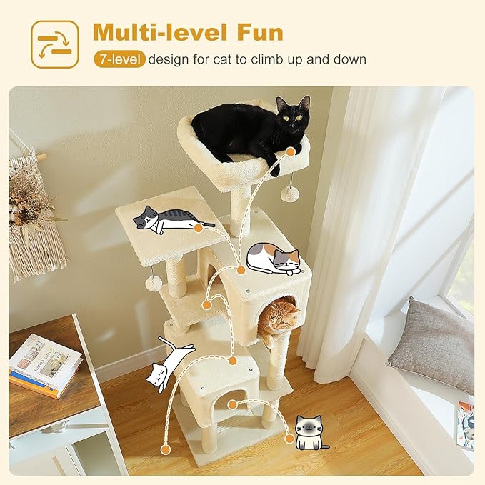 Cat Tree for Indoor Cats, 62" Multi-Level Cat Tower with 2 Spacious Condos, Scratching Pad, 4 Cat Scratching Posts, 2 Top Perches, 2 Pompoms, Beige