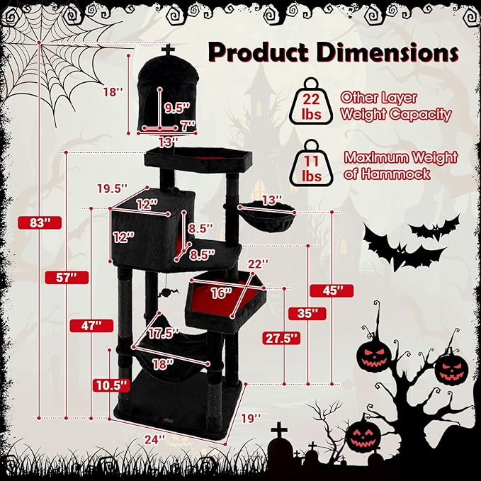 PETSITE 83 Inch Tall Gothic Cat Tree, Multi-Level Halloween Cat Tower with Coffin Beds, Scratching Posts, 2 Cat Condos, Dangling Balls, Hammock, and Basket Bed, Goth Cat Tree for Indoor Cats, Black