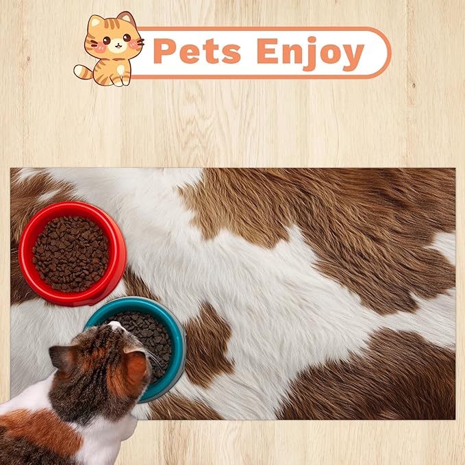 Cow Print Dog Food Mat for Floors Absorbent Dog Bowl Mat for Food and Water Dispenser Quick Dry Cat Food Placemat Pet Supplies 16" x 24", Brown White Skin