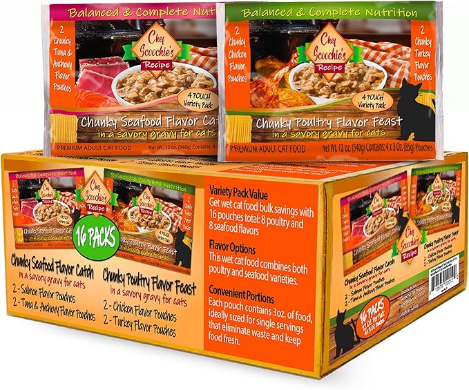 Scoochie Pet Products Chef Scoochie's Gourmet Wet Cat Food Variety Pack with Natural Poultry & Seafood Flavors - Tender Chunks in Gravy Cat, 16 Individual Pouches (3oz Each 8 Pouches of Each Flavor)