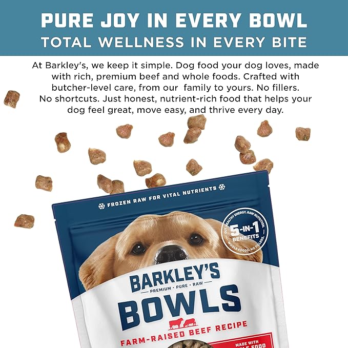 Barkley’s Bowls, Frozen Raw Beef Dog Food, Fresh Whole Food Ingredients with Farm-Raised Beef, Grain Free, High Protein, Dog Food Toppers, Frozen Meals, Human Grade Ingredients, 4 lb (3 Pack)