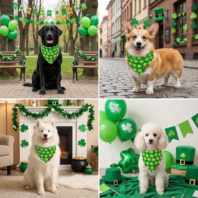 PTDECOR St. Patrick's Day Dog Bandana, Reversible Lucky Pet Scarf, Premium Durable Fabric, Adjustable Green Shamrock Pet Bandanas for Medium Large Dogs Pets (Large)
