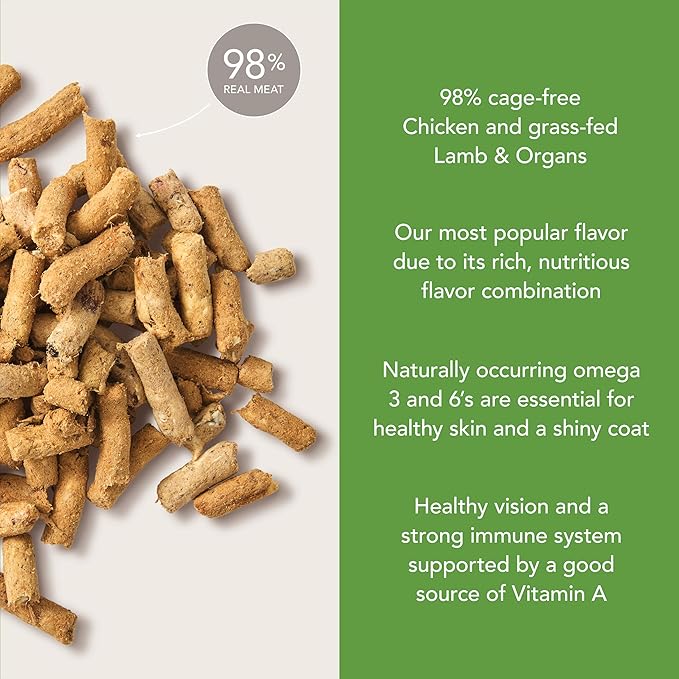 Feline Natural High Protein Dry Cat Food, Freeze-Dried Diet with 98% Meat, Organs & Seafood, No Peas, Grains, or Artificial Additives, Made in New Zealand, Chicken & Lamb, 11oz