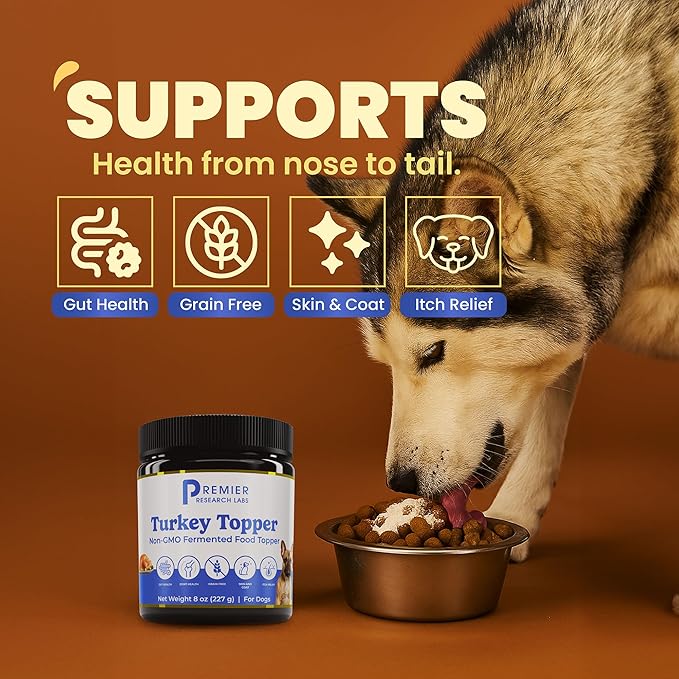 Premier Research Labs Turkey Topper Powder - Dried Dog Food Topper for Pets, Meal Mix Ins for Kibble, Supports Gut & Joint Health, Natural Source of Protein, Fermented, Grain Free, Non GMO - 16 oz
