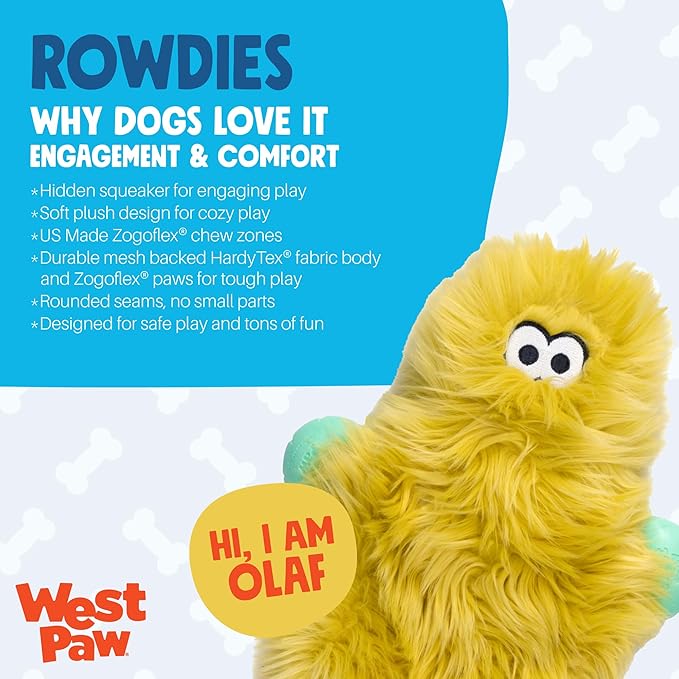 WEST PAW Rowdies Olaf Durable Plush Dog Toy with Reinforced HardyTex Fabric Hand Sewn Seams and Engaging Squeaker for Chewers and Cuddlers - Citrus