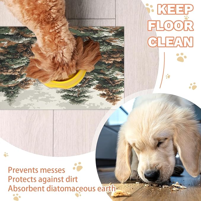 Trees Forest Dog Food Mat for Floors Absorbent, Quick Dry Water Dispenser Mat for Food, Water, Pet Supplies 16" x 24",