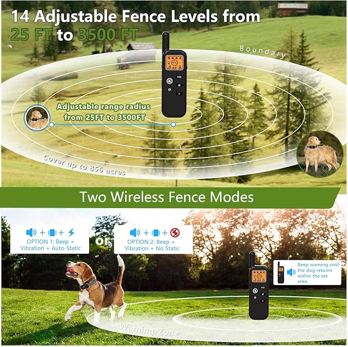 Wireless Dog Fence System for 2 Dogs with 2 Collars Electric Dog Fence Mulit Dogs Training Shock Collar with Remote 856 Acre Ultrasonic Waterproof Portable Outdoor Safe Pet Containment System