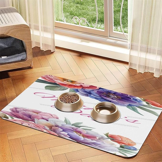 Dog Food Mats for Floors Happy Mother's Day Floral Gift Mom Lc Absorbent Pet Cat Food Mat Quick Dry Dog Bowl Mats for Water Pet Supplies 18X12In