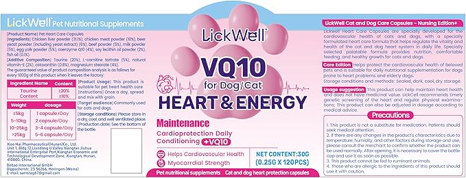Taurine for Cats & Dogs with CoQ10 - Heart Supplement Powder Support Heart, Vision and Immune System Health - 120 Capsules