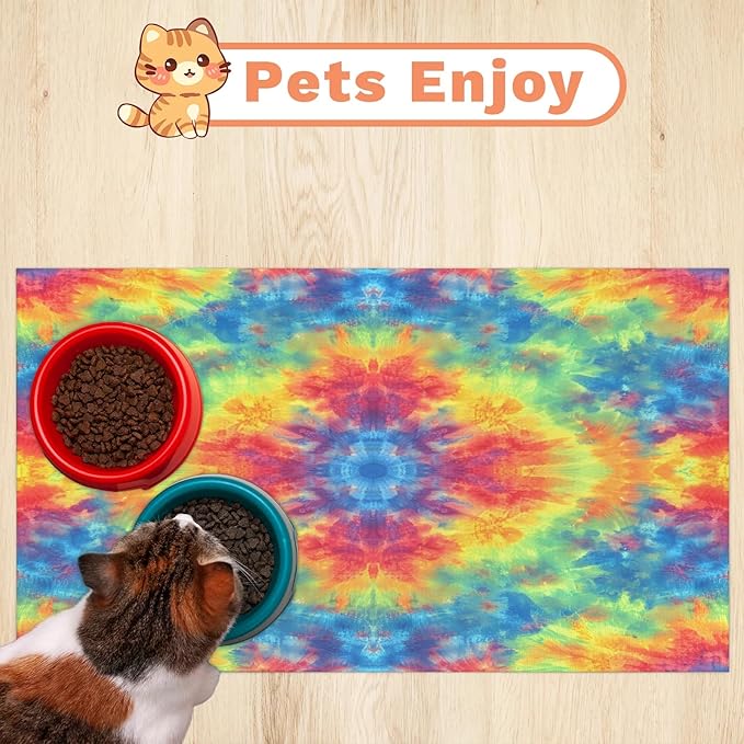 Tie Dye Dog Food Mat for Floors Absorbent, Quick Dry Water Dispenser Mat for Food, Water, Pet Supplies 12" x 20", Rainbow