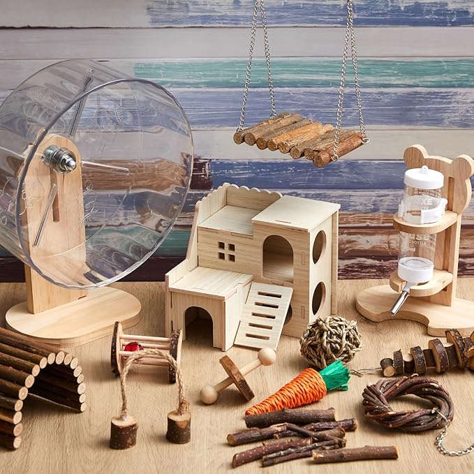 18 Pcs Hamster Toys Set, 10 Kinds Small Animal Chewing Toys, Maze Wood House, Silent Exercise Running Wheels and Water Bottle Set for Hamster Habitat Rat Cage Accessories(Mixed Play Style)