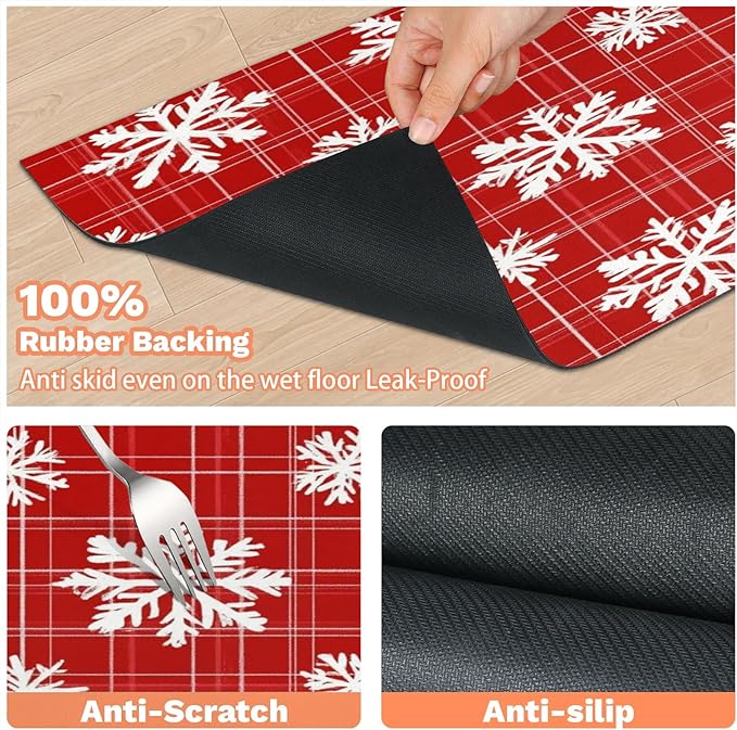 Red White Xmas Snowflake Dog Food Mat for Floors Absorbent, Quick Dry Water Dispenser Mat for Food, Water, Pet Supplies 12" x 20",